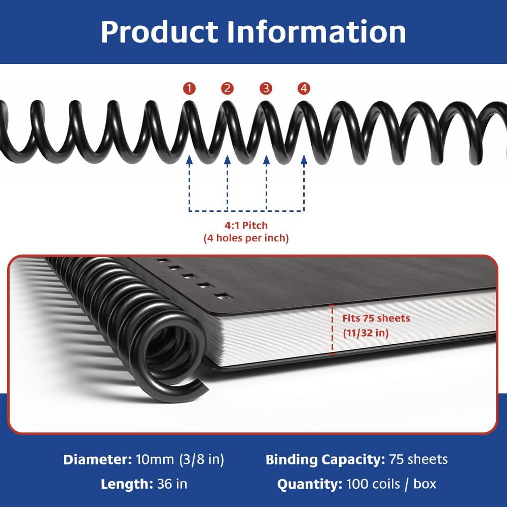 TruBind 10mm (3/8 in.) Spiral Binding Coils for Reports, Presentations and Proposals | 4:1 Pitch | 36 in. Length | Black | 75 Sheets Binding Capacity | 100 Pack