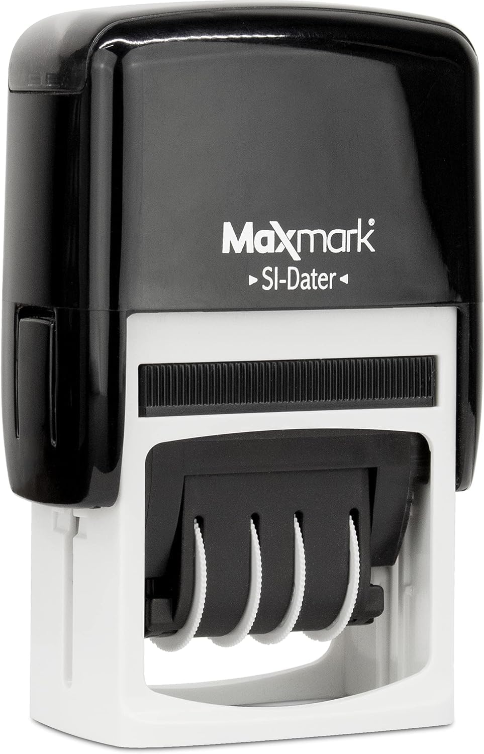 MaxMark Office Date Self Inking Stamp with Your Custom Text - 1" x 1-5/8” - 2-Color Blue/Red Ink