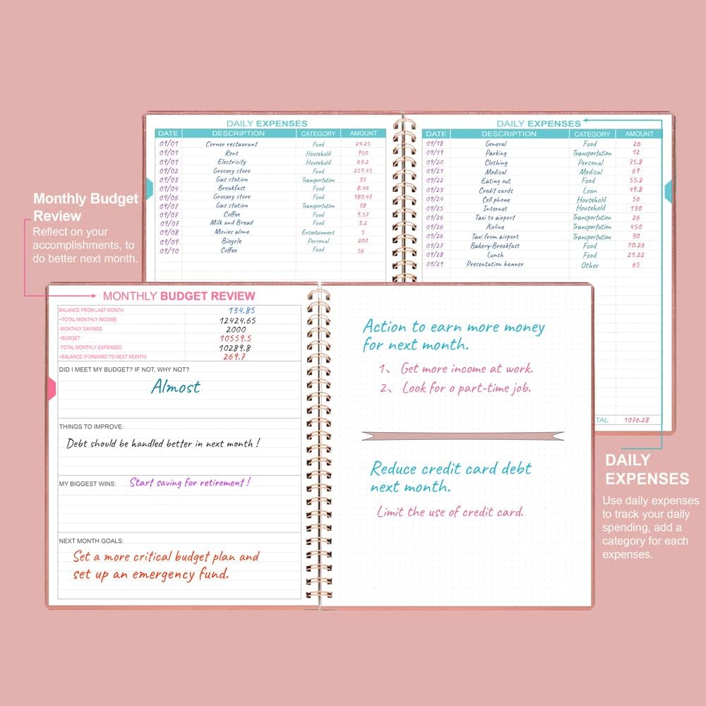 Budget Planner & Monthly Bill Organizer With Pockets. Expense Tracker Notebook, Budgeting Journal and Financial Planner Budget Book to Control Your Money. Large Size (8" x 9.5"), PU Leather, Rose