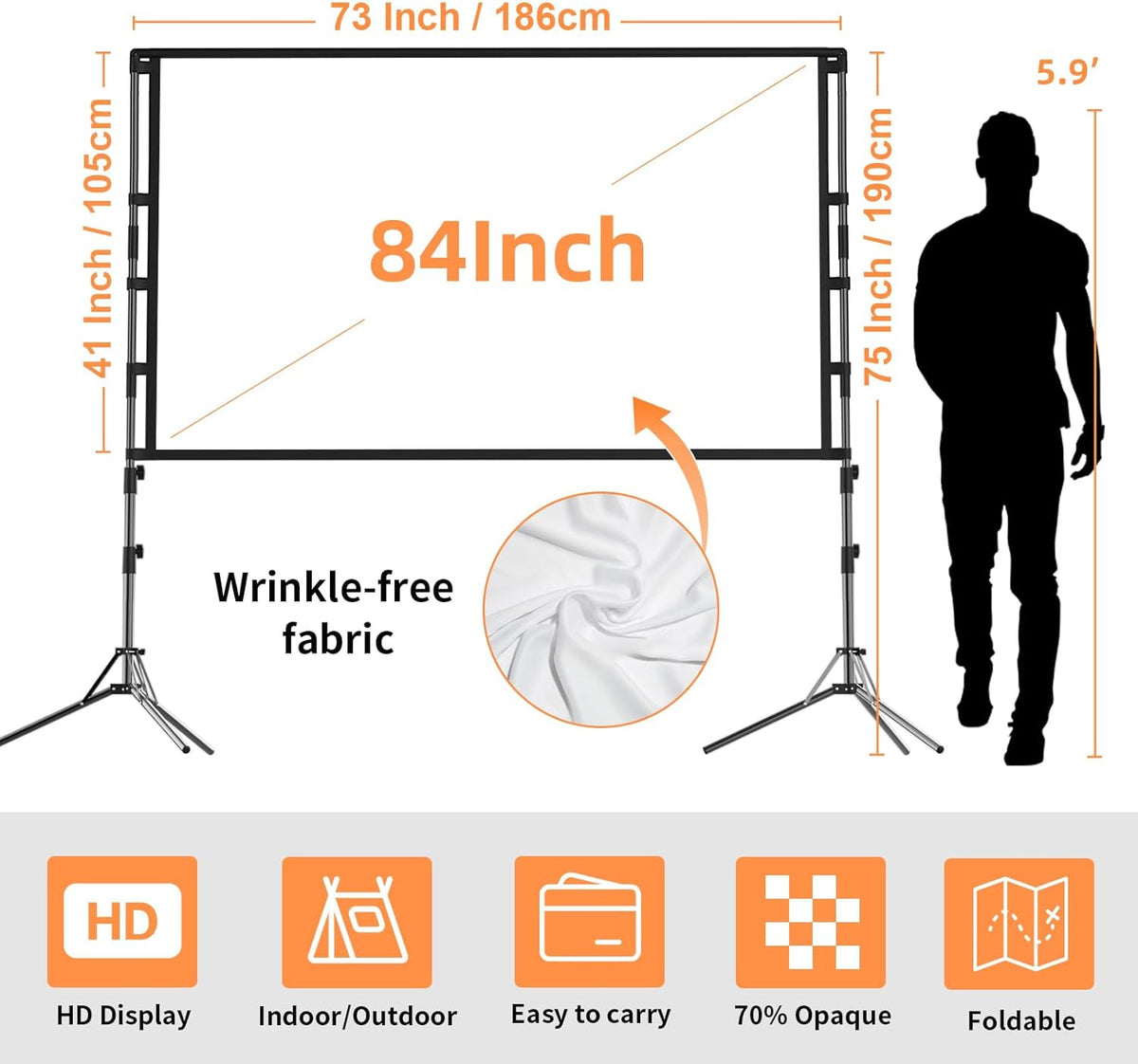 Projector Screen with Stand,84 inch Portable Projection Screen, Indoor Tripod Projector Screen 16:9 4K HD Rear Front Movie Screen with Carry Bag Wrinkle-Free Design for Home Theater Backyard Cinema
