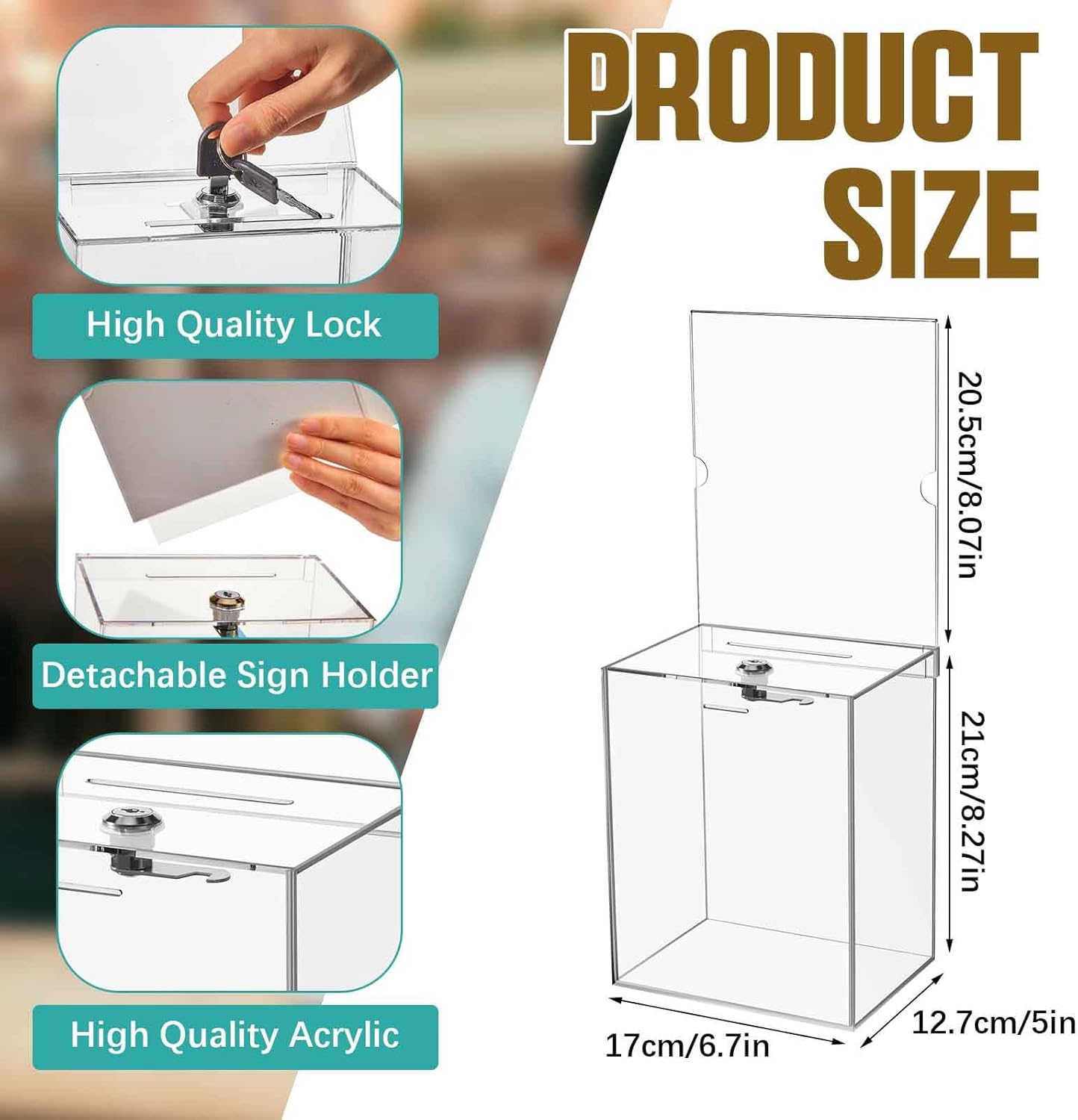 Sweetude 2 Pack Acrylic Donation Box with Lock Tall Tip Jars 8.2 x 6.7 x 5 In Suggestion Ballot Box with Sign Holder Large Locking Raffle Voting Container for Fundraising Ticket Collection(Clear)