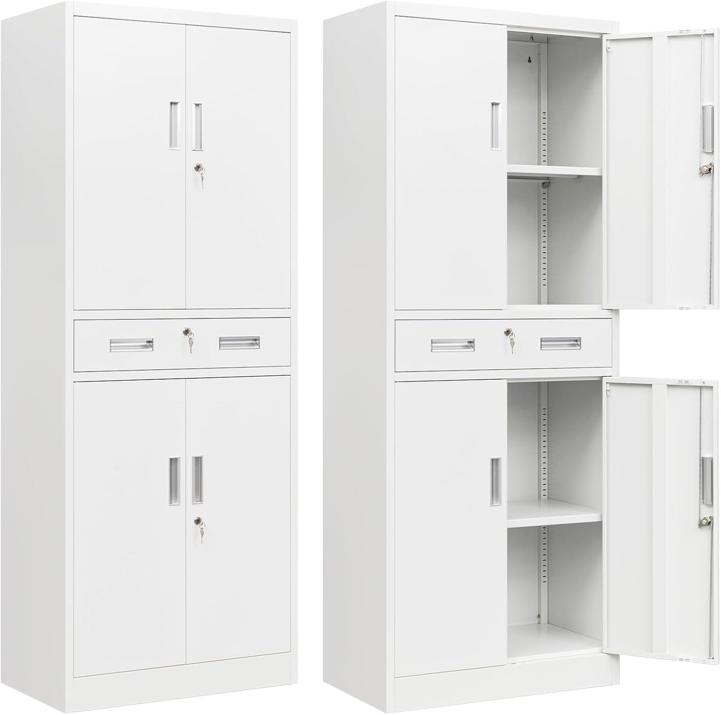 BESFUR Metal Cabinet, Garage Storage Cabinet with Drawer and Adjustable Shelves for Garage, Office, School - White