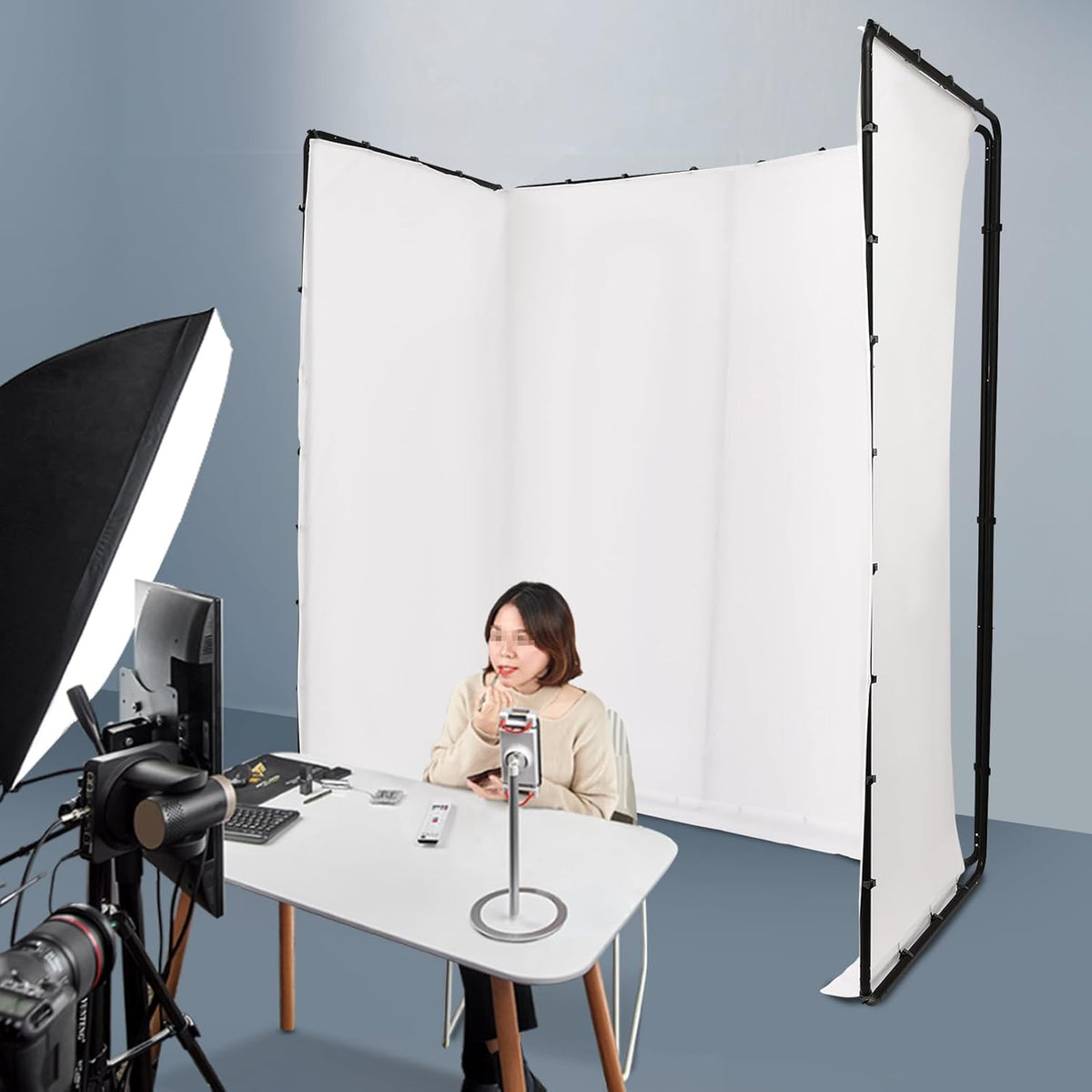 7.87ft x 13.12ft Large Green Screen Backdrop with Stand, Portable Foldable Photography Backdrops Large Collapsible Backdrop System for Photo Studio Video Shooting, Live Streaming (White)
