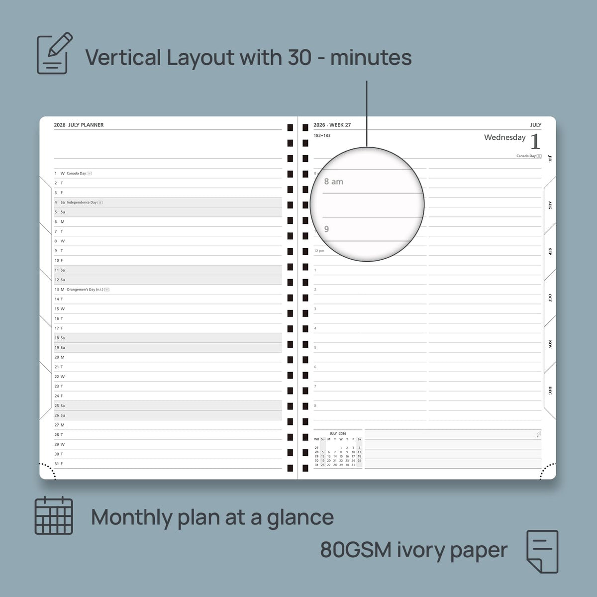 POPRUN 2026 Daily Planner One Page A Day - [A4 Large Size 8.25" x 12" -Spiral Hard Cover], Agenda 2026 Hourly Appointment Book with Monthly Calendar, Pen Holder, Ivory Paper -Haze Blue