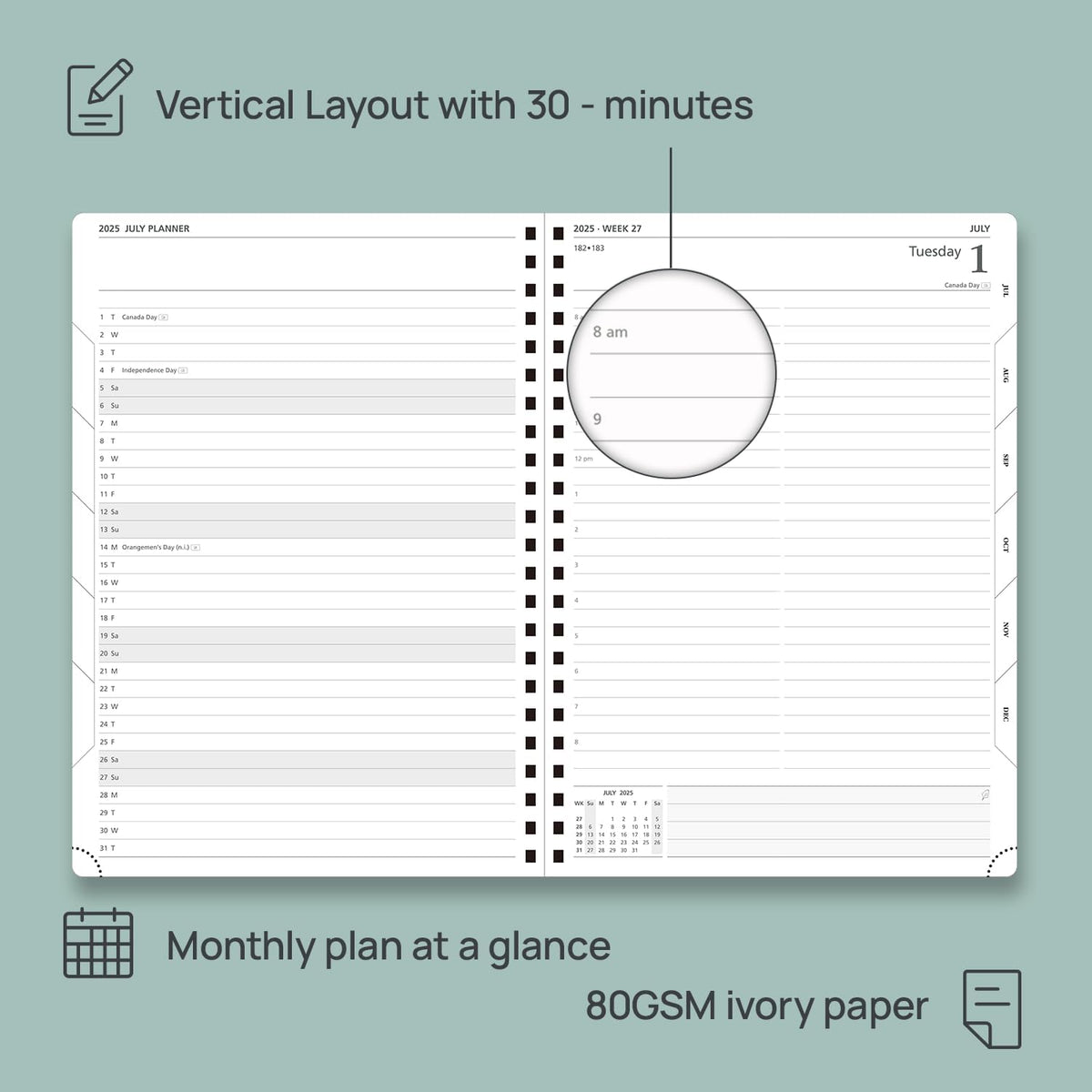 POPRUN Academic Daily Planner 2025-2026 One Page A Day - [A4 Large Size 8.25" x 12" - Spiral Hard Cover], Appointment Book (July 2025 - June 2026) with Monthly Calendar - Black