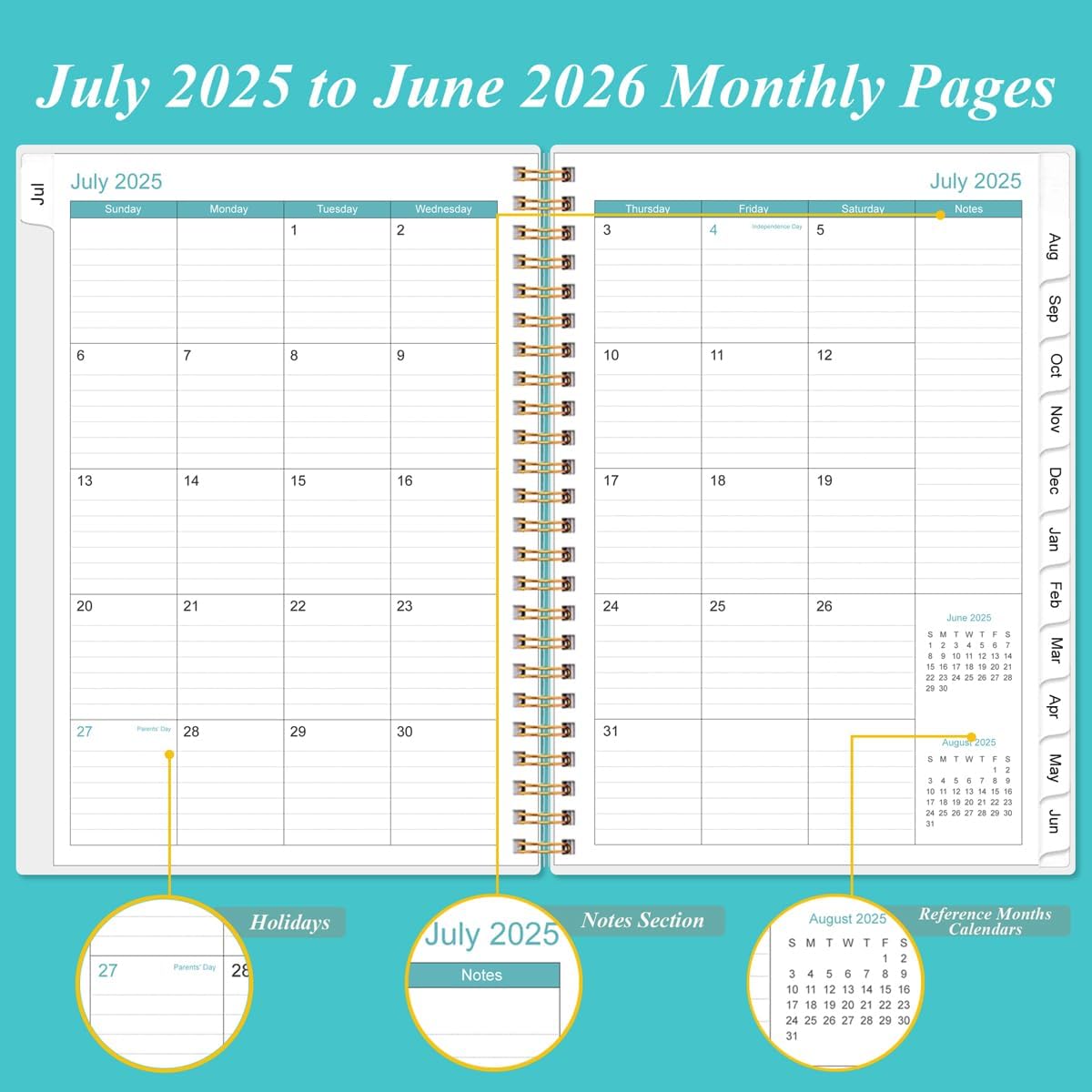 2025-2026 Daily & Monthly Planner - One Page Per Day, Daily Planner from July 2025 to June 2026, Planner 2025-2026 with 12 Monthly Tabs, 6.4" x 8.5", Rose Flower