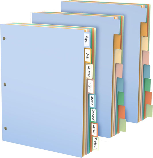 3 Ring Binder Dividers with Tabs, 24Pcs/3 Set Durable Plastic File Dividers, 8 Tab 3 Hole Punch Dividers, Letter Size, 3 Sets for School Office Document (Morandi Color)