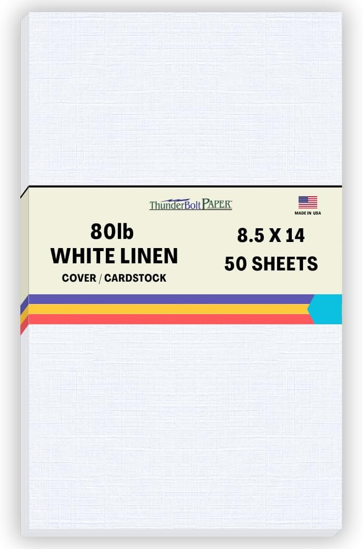 50 Bright White Linen 80# Cover Paper Sheets - 8.5" X 14" (8.5X14 Inches) Legal|Menu Size - 80 lb/pound Card Weight - Fine Linen Textured Finish Quality Cardstock