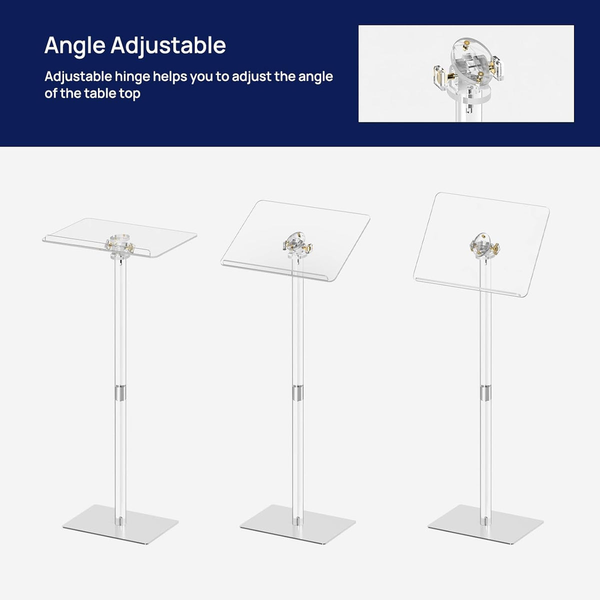 HMYHUM Small Acrylic Podium Stand, Angle Adjustable, 17.7" L x 13" W x 42.3" H, Modern Lecterns & Pulpits for Classroom, Concert, Church, Speech, Easy Assembly, Metal Base, Clear