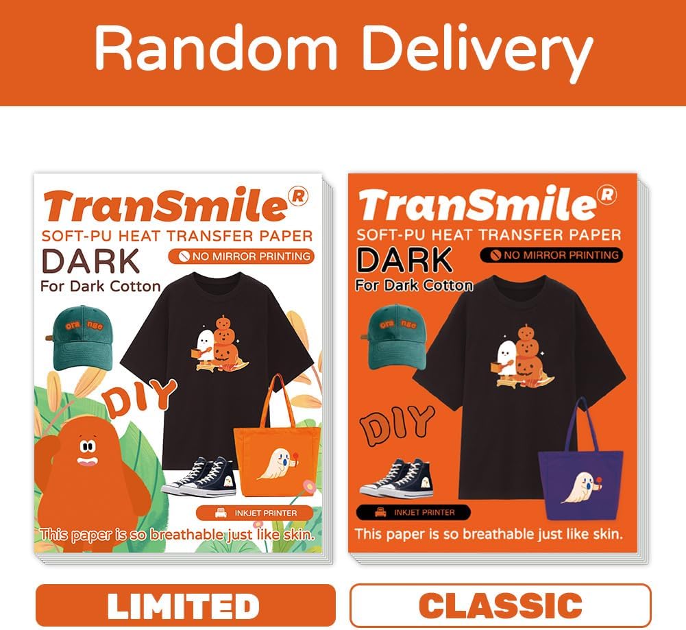 TranSmile PU-Heat Transfer Paper for T Shirts (50 Sheets, 8.5 x 11'') Printable Heat Transfer Vinyl for Dark Fabrics Iron on Transfers for Inkjet Printer (D-50)