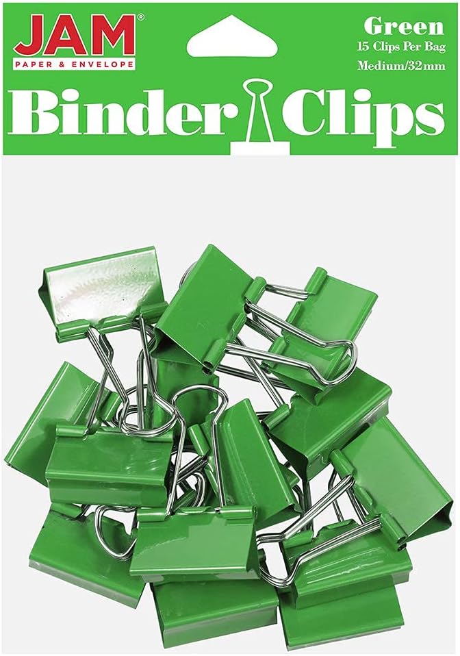 JAM PAPER Colorful Binder Clips - Medium - 1 1/4 Inch (32 mm) - Green Binderclips - 15/Pack