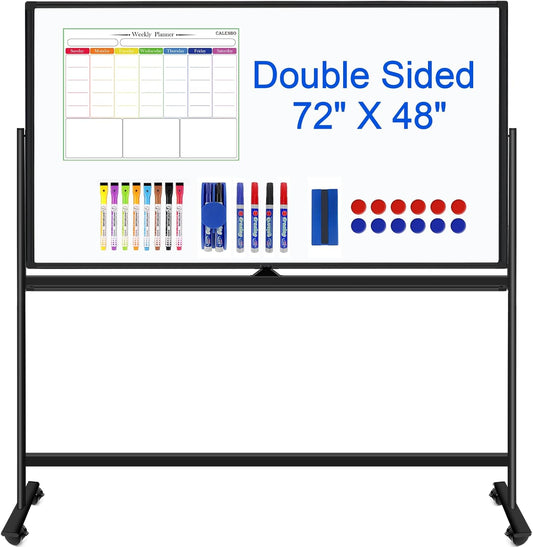 Magnetic Mobile Whiteboard 72 X 48 Rolling White Boards on Wheels, Large Double-Sided 6' x 4' Dry Erase Board with Stand, Standing White Board with Eraser & Marker & Magnet & Magnetic Calendar