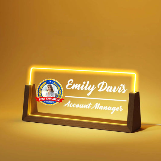 Personalized Desk Name Plate with LED Light & Wooden Base, Custom Acrylic Name Sign | Custom Office Decor & Appreciation Gifts for Boss Coworkers, New Job Promotion Gift (Style 3)