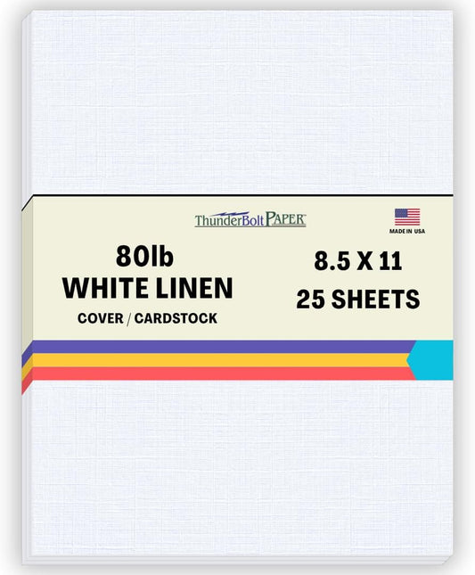 25 Bright White Linen 80# Cover Paper Sheets - 8.5" X 11" (8.5X11 Inches) Standard Letter|Flyer Size - 80 lb/pound Card Weight - Fine Linen Textured Finish Cardstock