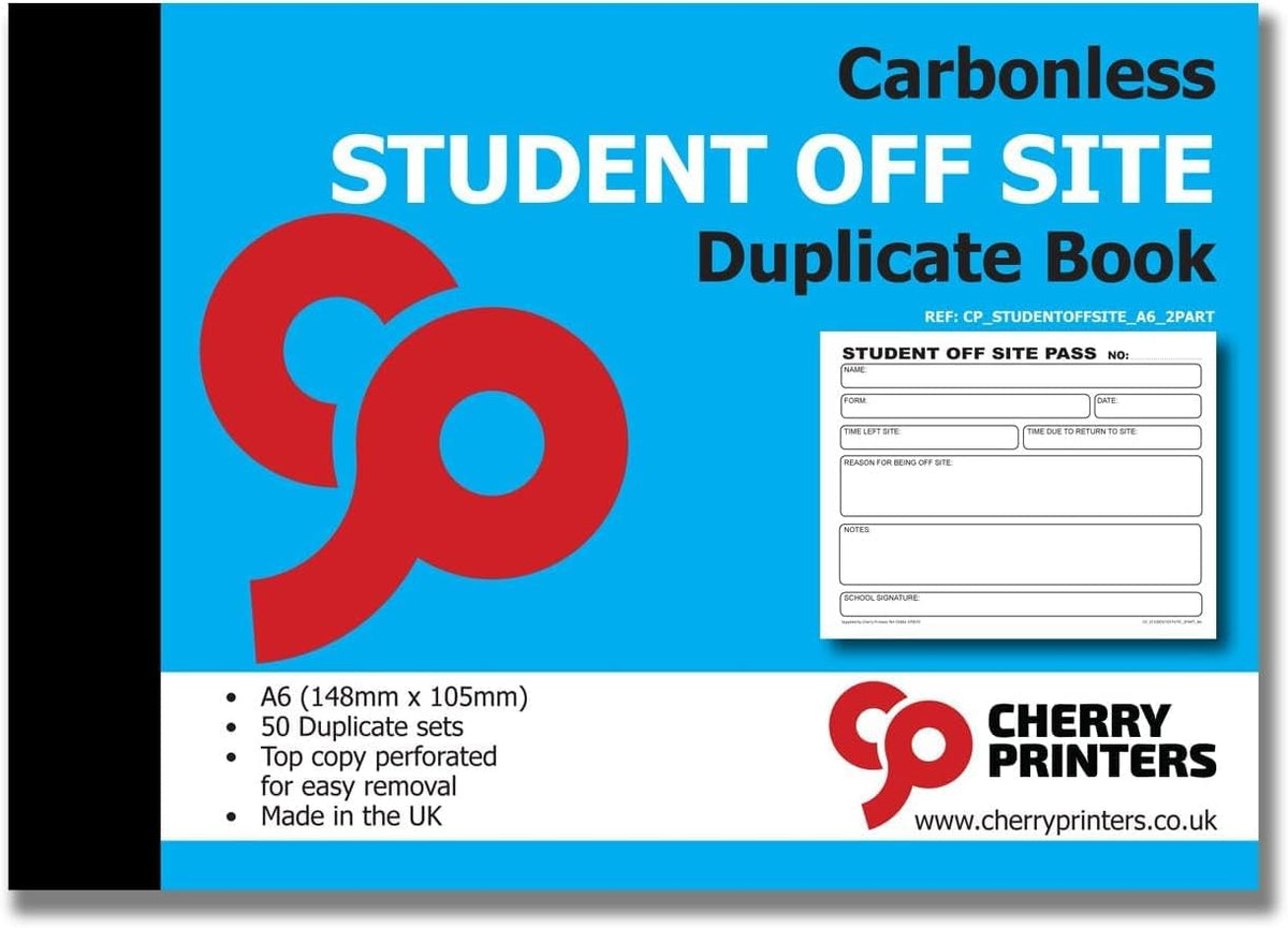 Cherry | Carbonless NCR | School Student Off Site Pass | 2pt Book | A6 (4.1 x 5.8 Inches) | 50 Sets |