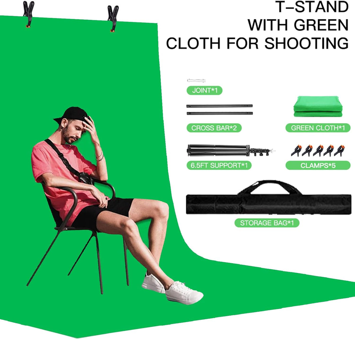 Green Screen Backdrop with Stand Kit, BEIYANG 6.5 X 5 Ft Portable Backdrop Stand Kit with Carrying Bag and 5 Clamps for Streaming, Video conferences and interviews