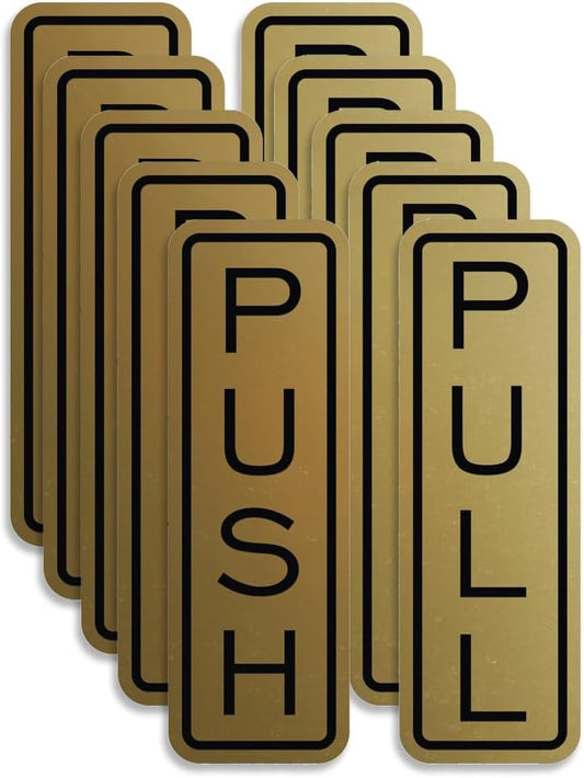 All Quality Classic Vertical Push Pull Door Signs - Great for Glass Doors | Professional Looking Signs | Easy Installation Includes Double-Sided Foam Adhesive Tape (Brushed Gold) - Medium (5 Pack)