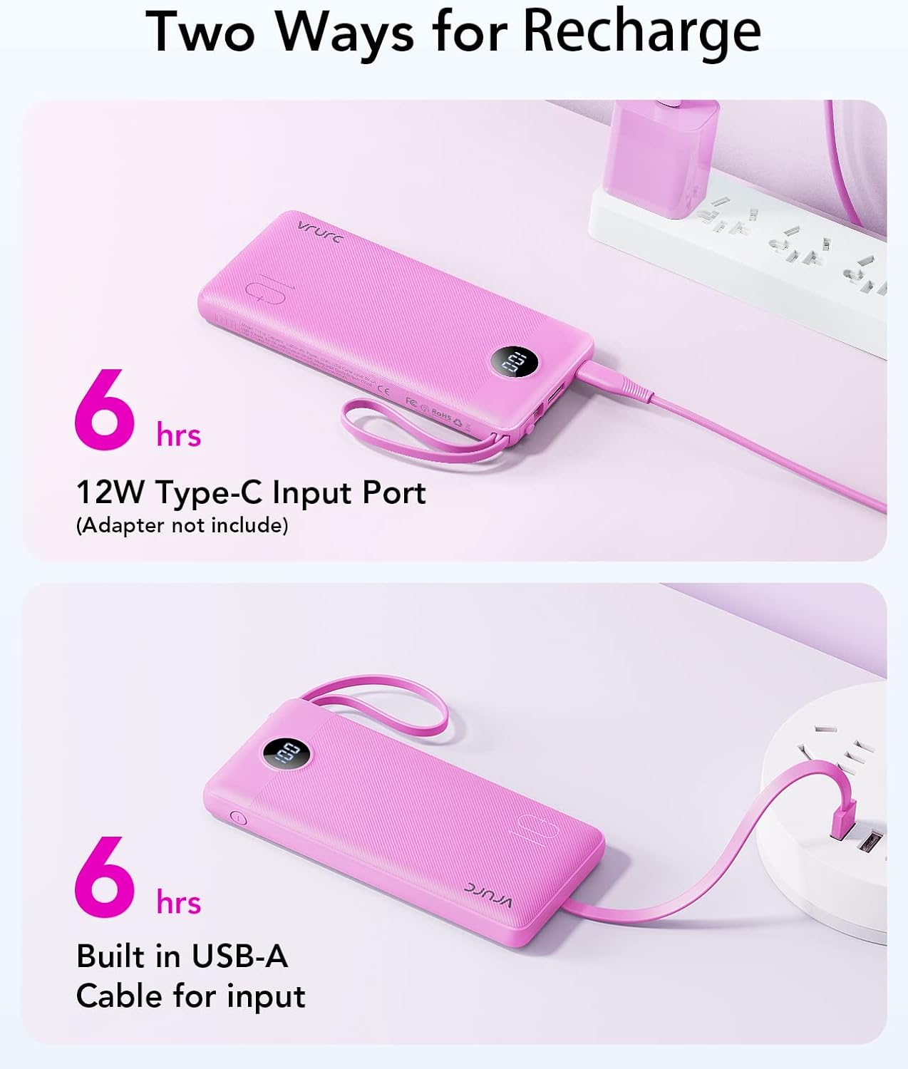 VRURC Portable Charger 10000mAh, Travel Essentials Battery Pack, 5 Output 2 Input Power Bank, Built-in Micro & USB C Cables Phone Charger Compatible with iPhone,Samsung,Android-Purple(1 Pack)