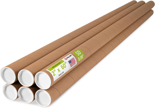 2" x 60" Reinforced Kraft Paper Mailing Tube, Pack of 6 Tubes with 12 Caps – Secure USPS Approved Poster Tube – Cardboard Tube for Shipping and Storing Posters, Prints, Artwork, or Documents