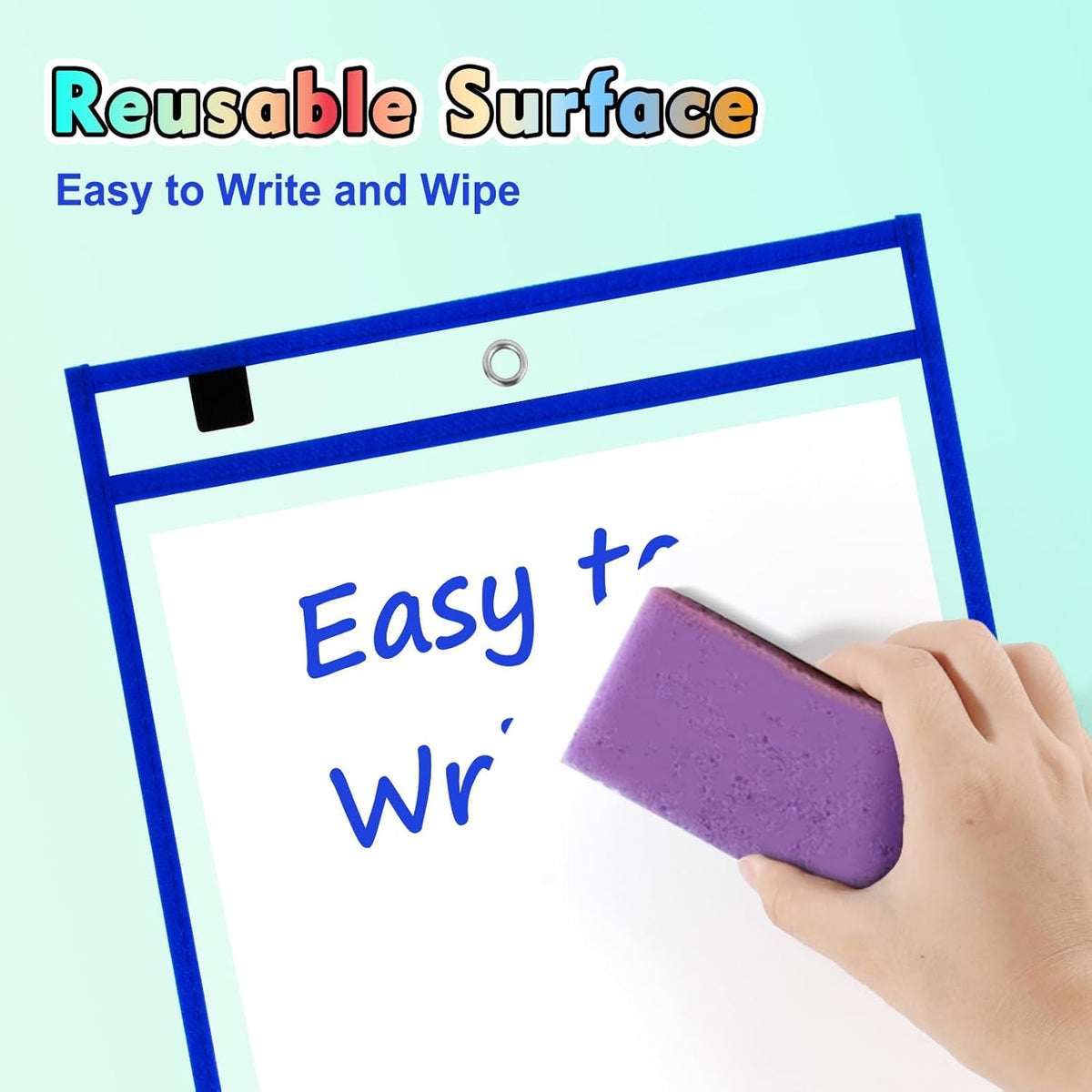 30 Packs Dry Erase Pocket Sleeves with 2-Ring, Reusable Clear Plastic Classroom Sleeves, 10x14 Inch Ticket Holders, for School/Office Organization