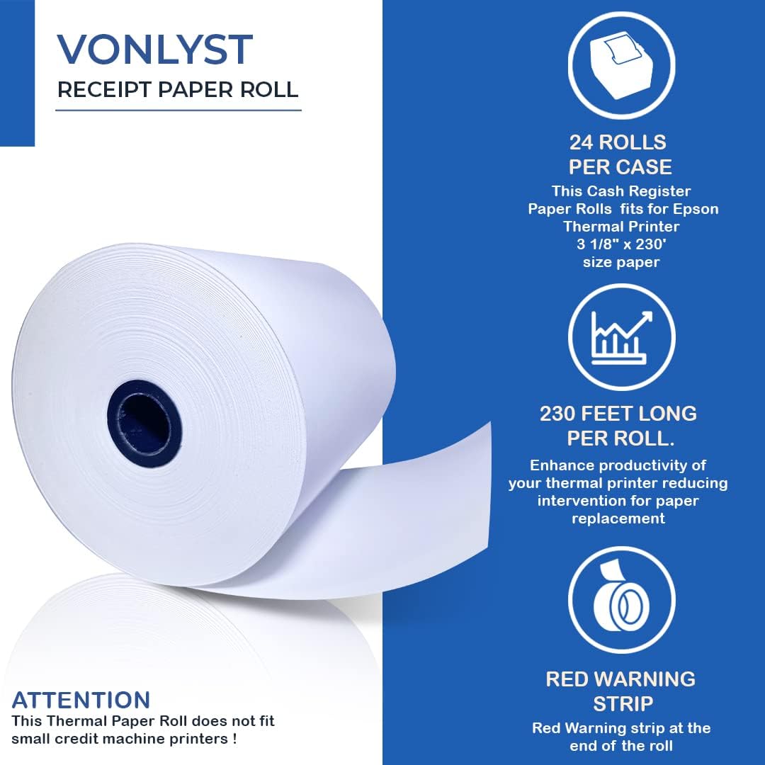 3 1/8 x 230 Thermal Paper Receipt Roll for Epson Printer (Pack 24 rolls)