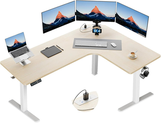 HUANUO 63″ Dual Motor L-Shaped Standing Desk, Built-in Power Outlets, Electric Height Adjustable Corner Computer Desk, Large Power Strip Holder, Sit Stand Up Desk with 3 Preset Heights, Natural Wood