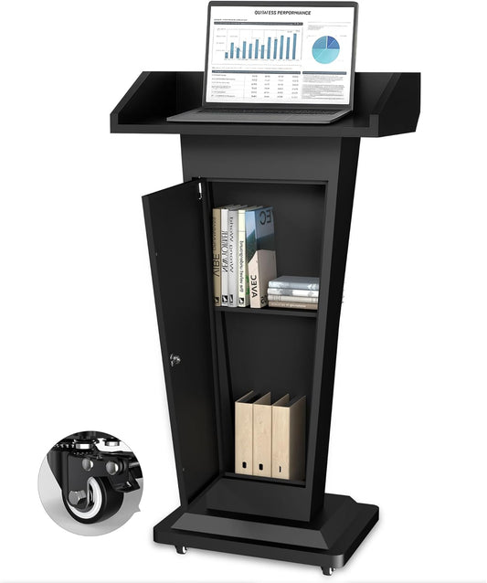 Tredre Podium Stand with Wheels, Heavy-Duty Metal Lecterns & Podiums with Storage, 46.5”H Portable Pulpits for Churches, Classrooms and Conferences, Scratch-Resistant Surface, Black