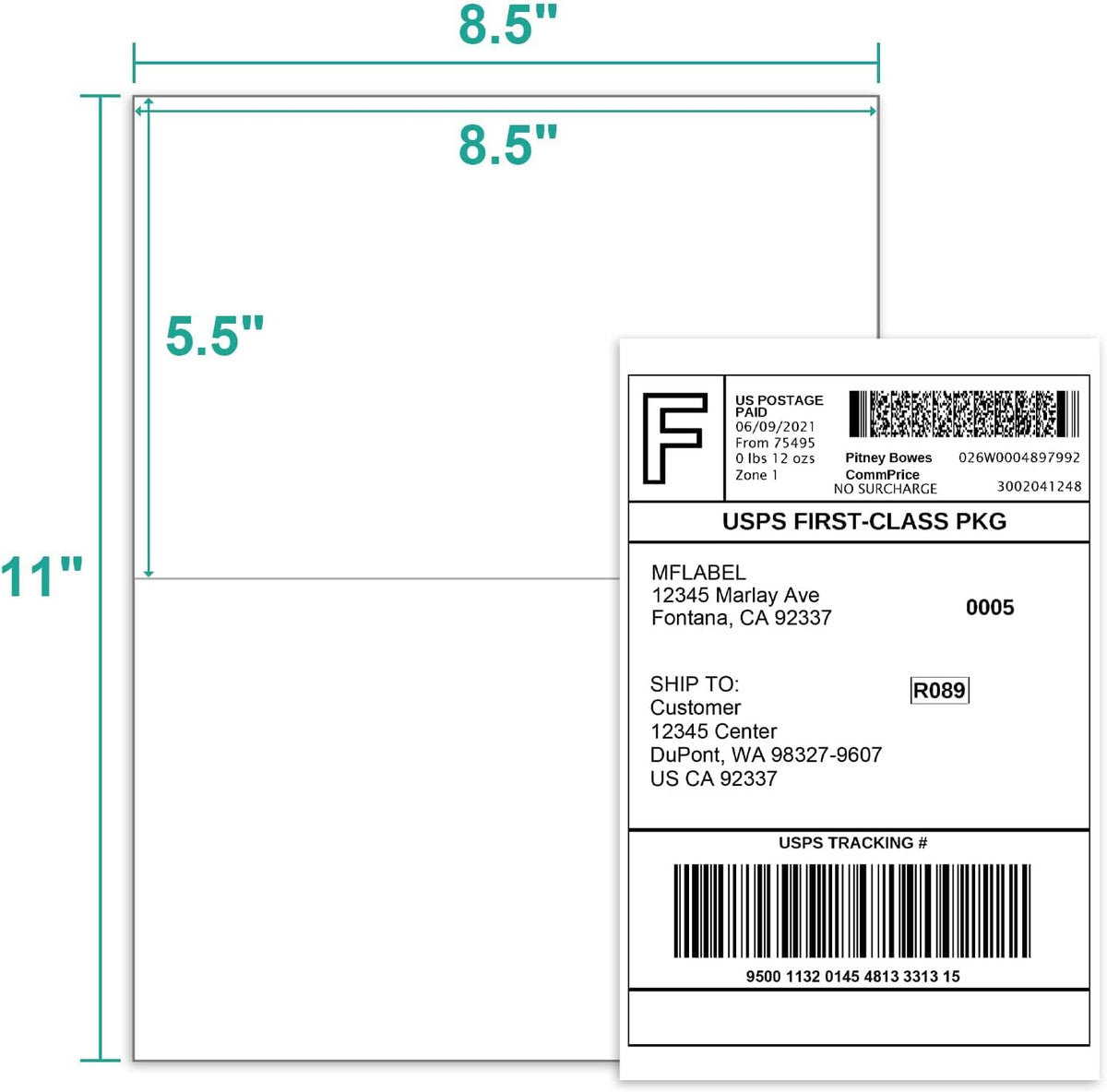 MFLABEL Half Sheet Label Laser/Ink Jet Shipping Label 8.5 x 11 Inches Packaging Labels, Address Labels for Laser & Inkjet Printers, 1200 Count(600 Sheets)