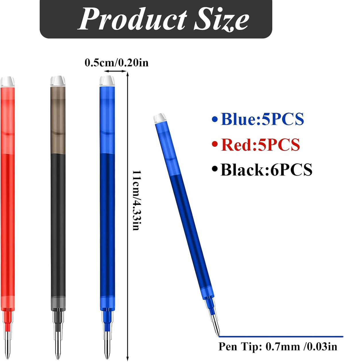 0.7 mm Erasable Gel Ink Pen Refills Compatible with Frixion Friction, Smooth Writing Multicolor Retractable Fine Point Pen Refill for School Office Home Art (Blue &Black &Red, 16)