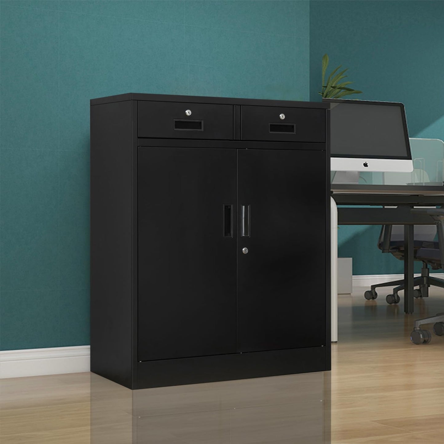BESFUR Metal Garage Storage Cabinet 36" H, Black Steel Locking Cabinet with 2 Drawers,2 Lockable Doors and Adjustable Shelves Easy to Assemble for Home Office, Garage,School, Apartment, Warehouse