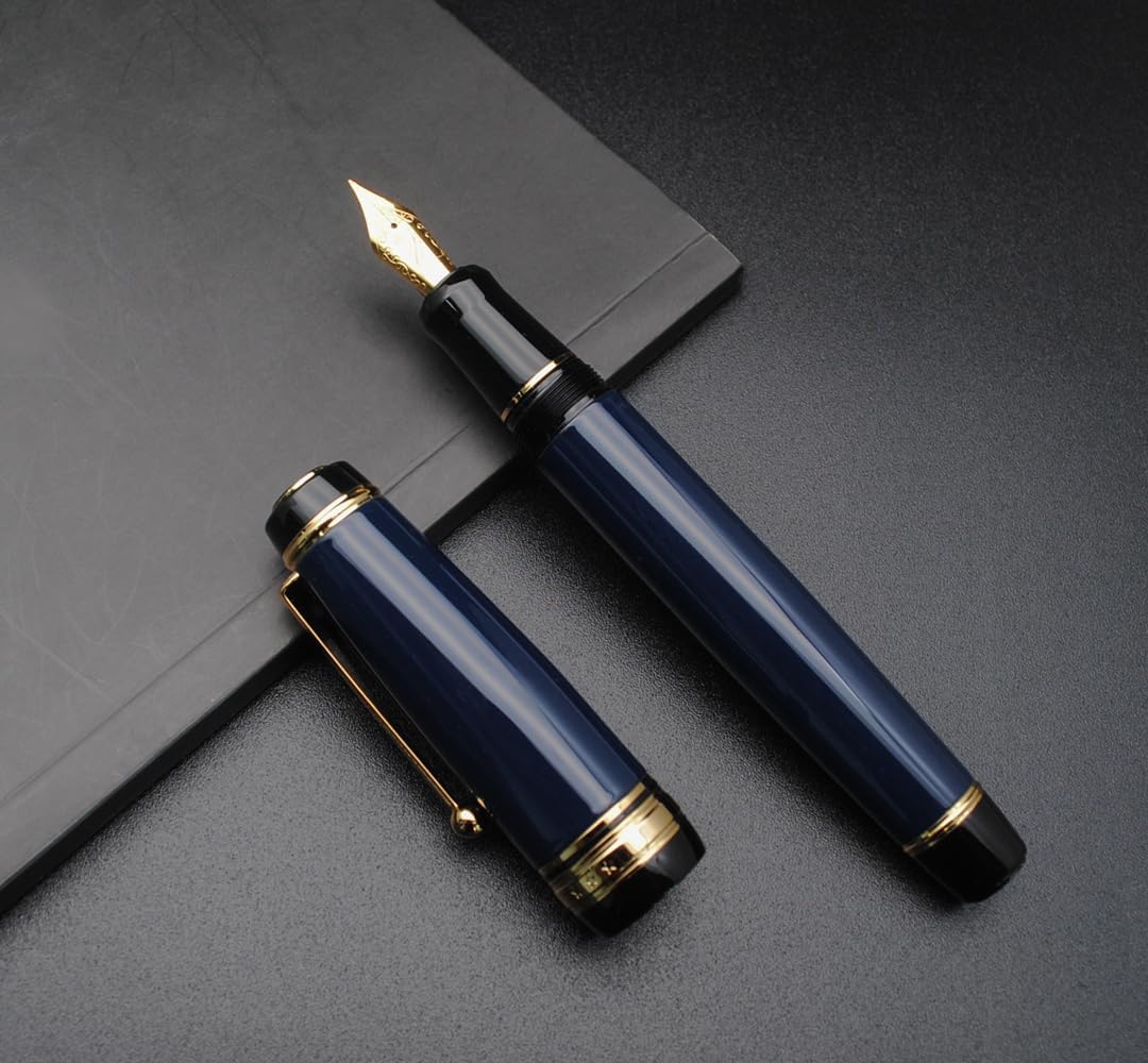 Metal Big Fountain Pen Set Medium Nib 0.7mm, Includes Ink Refill Converter, 5 Ink Cartridges & Gift Box (Medium Nib 0.7mm, Dark Blue)
