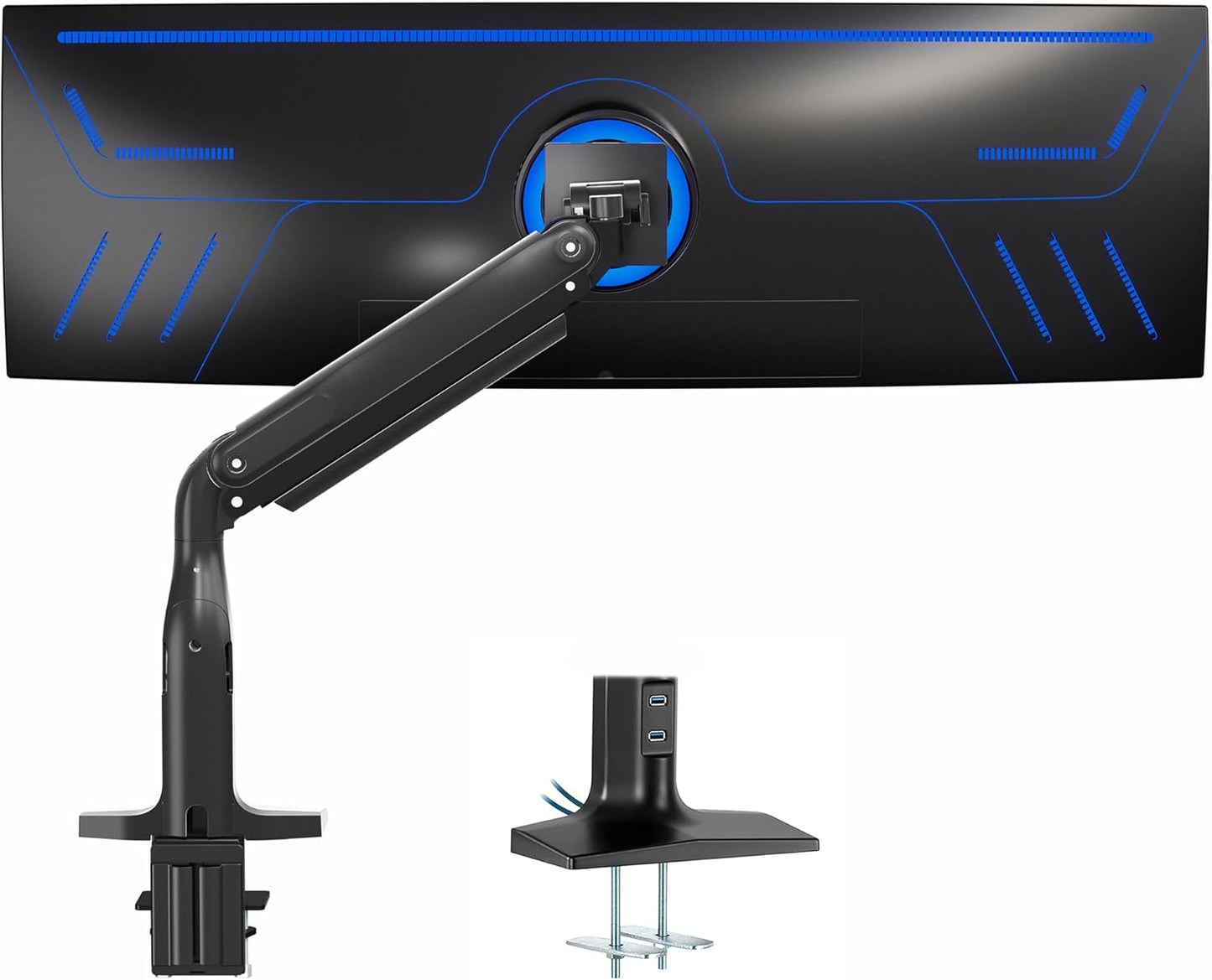 VIVO Aluminum Ultrawide Monitor Stand, Classic + USB, Fits up to 49 inch Screens, Single Articulating Pneumatic Arm, USB Ports, C-Clamp and Grommet Desk Mount, Max VESA 200x100, Black, STAND-V100HU