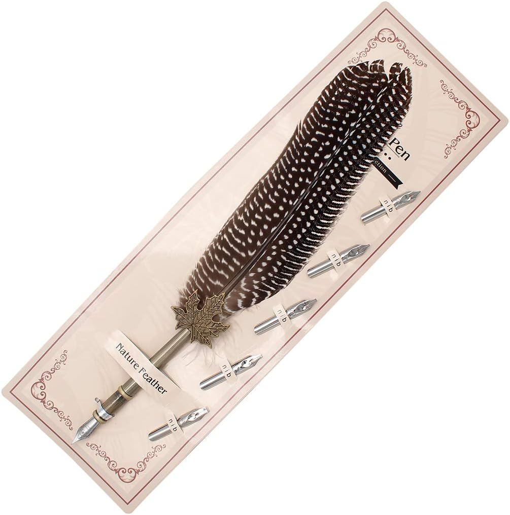 Gullor Quill Handcraft Feather Dip Pen Stem Metal Nib Pen Writing Quill with 5 Extra Nibs, Style C