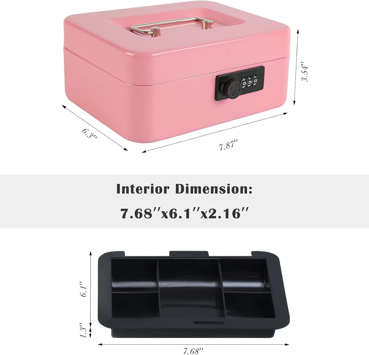 xydled Steel Cash Box Safe with Combination Lock,Money Safe Box with Removable Coin Tray,Medium,7.87"x 6.30"x 3.54",Pink