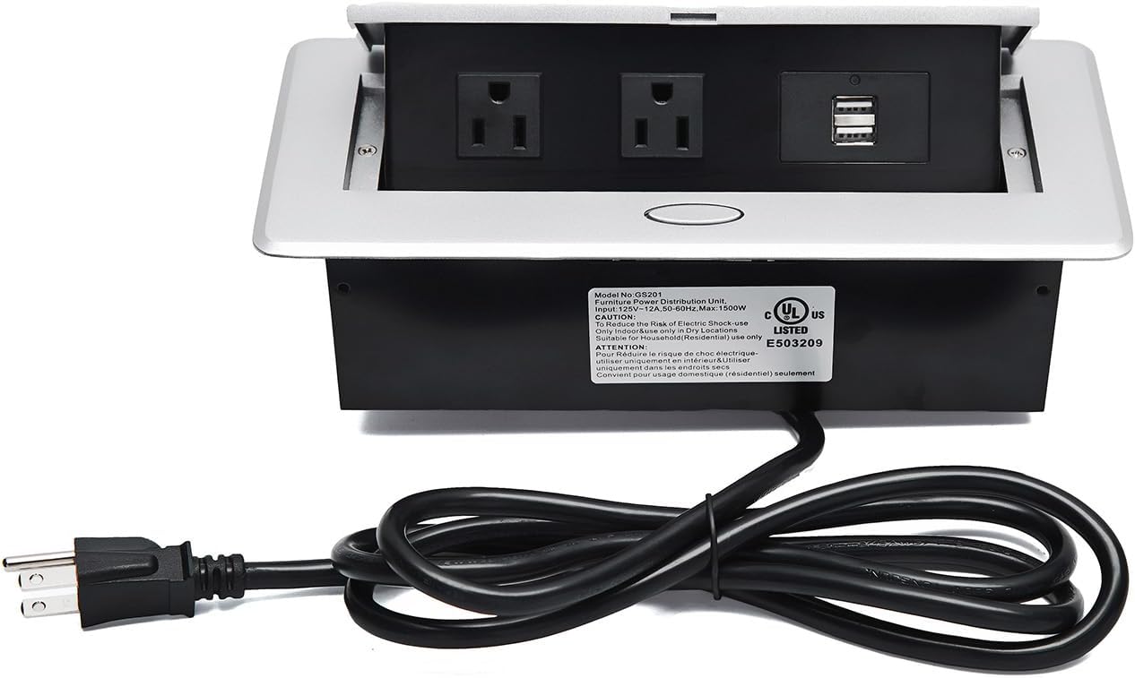 UL Approval Power Strip, Hidden Pop Up Outlet Table Connection Box, Desktop Socket with 2 Outlets & 2 USB Charging Ports for Conference Room Countertop (Silver)