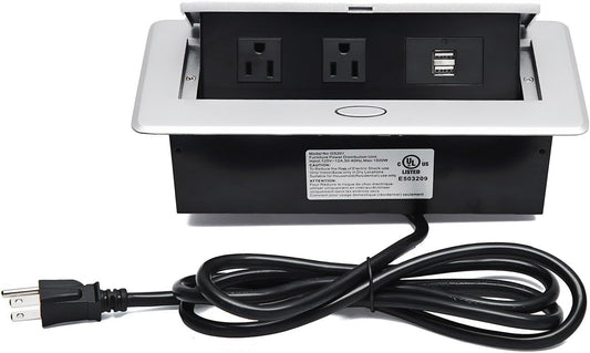 UL Approval Power Strip, Hidden Pop Up Outlet Table Connection Box, Desktop Socket with 2 Outlets & 2 USB Charging Ports for Conference Room Countertop (Silver)
