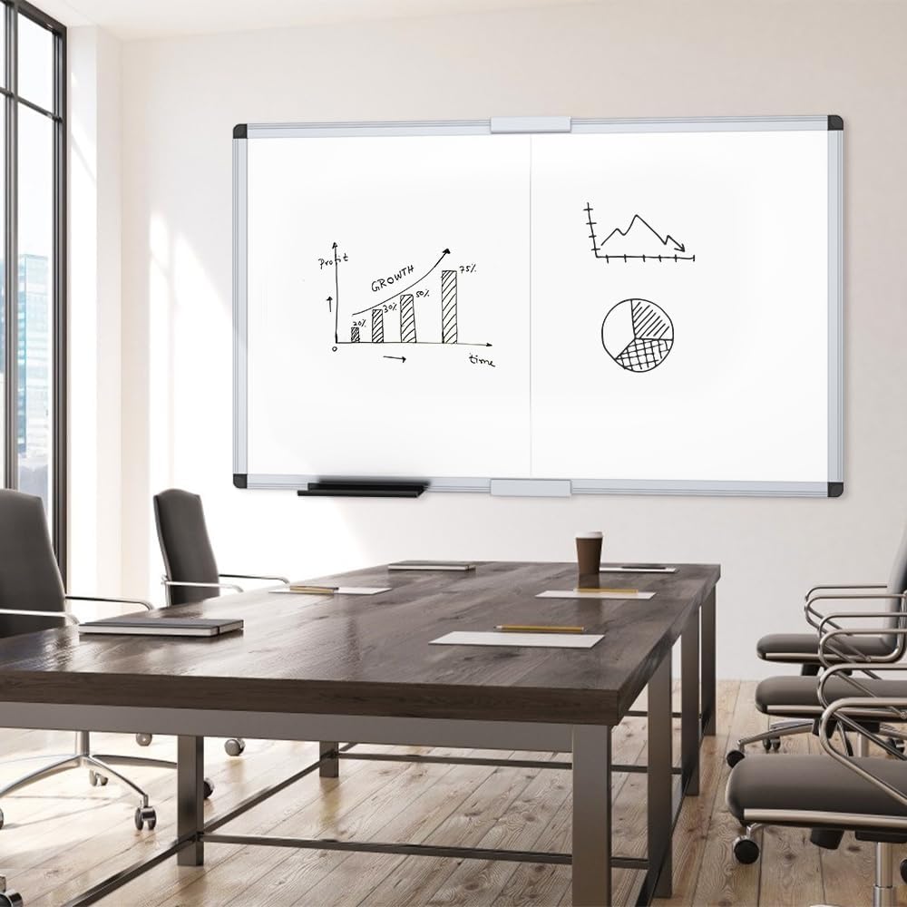 VIZ-PRO Magnetic Dry Erase Board, 72 X 40 Inches, Foldable Wall-Mounted Whiteboard with Silver Aluminum Frame & Marker Tray for School Office and Home