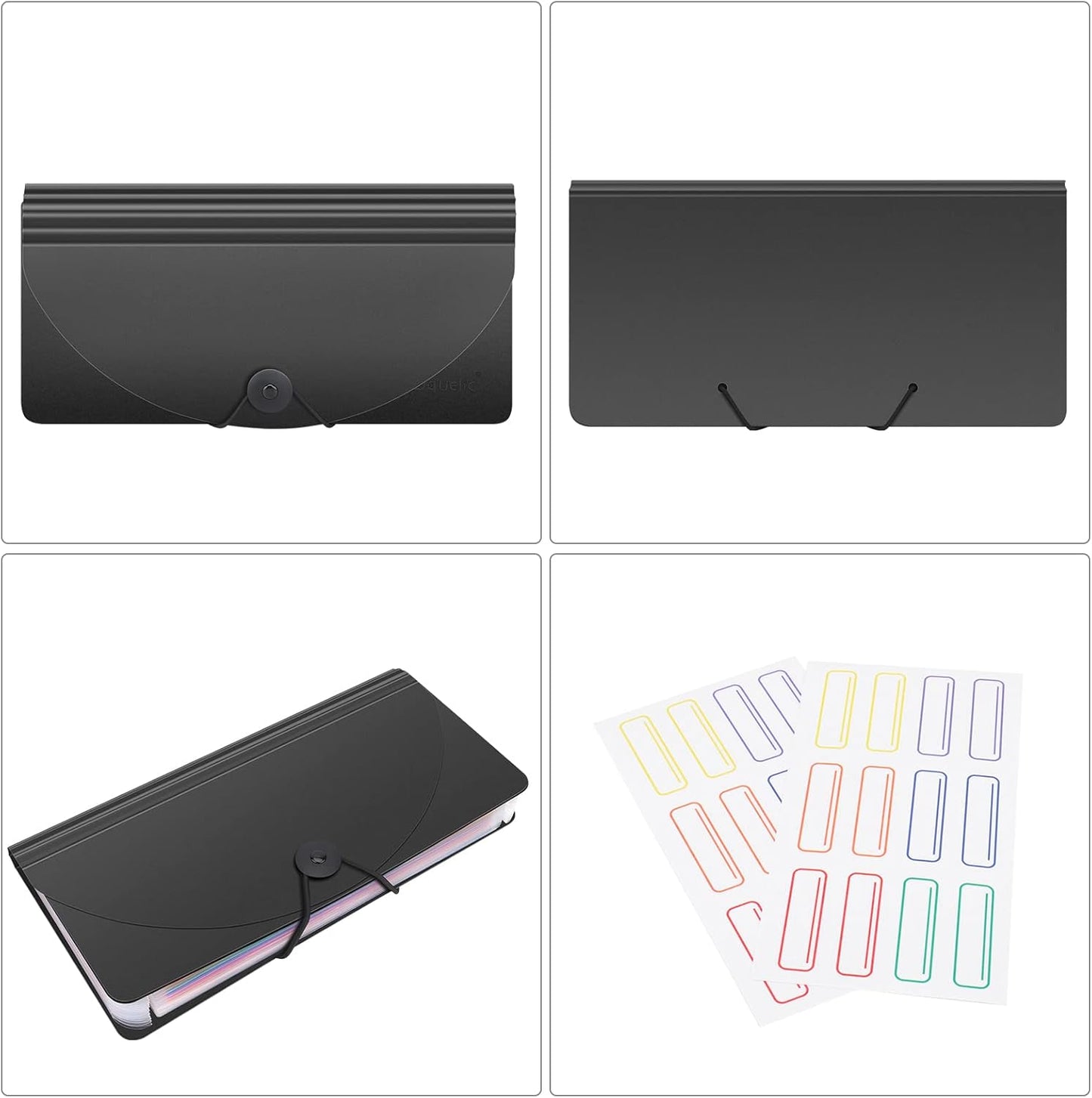 Uquelic Stand Receipt Organizer Folder - 13 Pockets Expanding Coupons Storage/Rainbow Large Capacity Bill Organizer for Desk with Label, in Case I Go Missing Binder Organizer (Black)