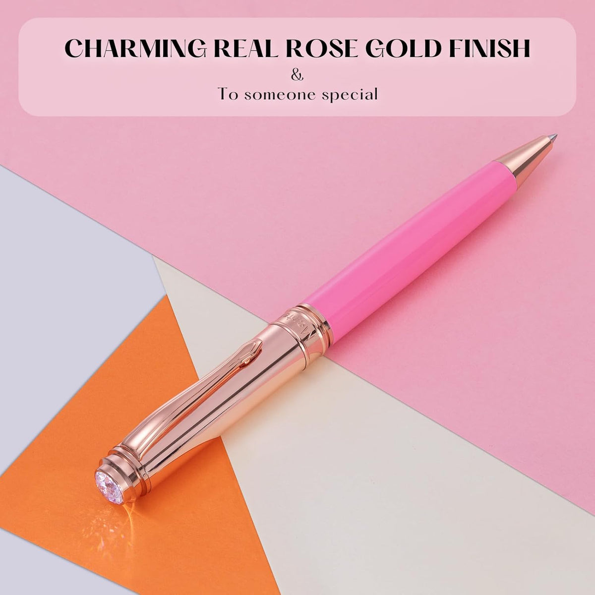 Luxury Gel Pen, Top Set With 8mm Brilliant Diamond,Vibrant Pink Pen Body,Attractive Rose Real Gold Finish, Black Refill,Elegant Gift Pen For Women, Executive, Fancy, Nice Pens