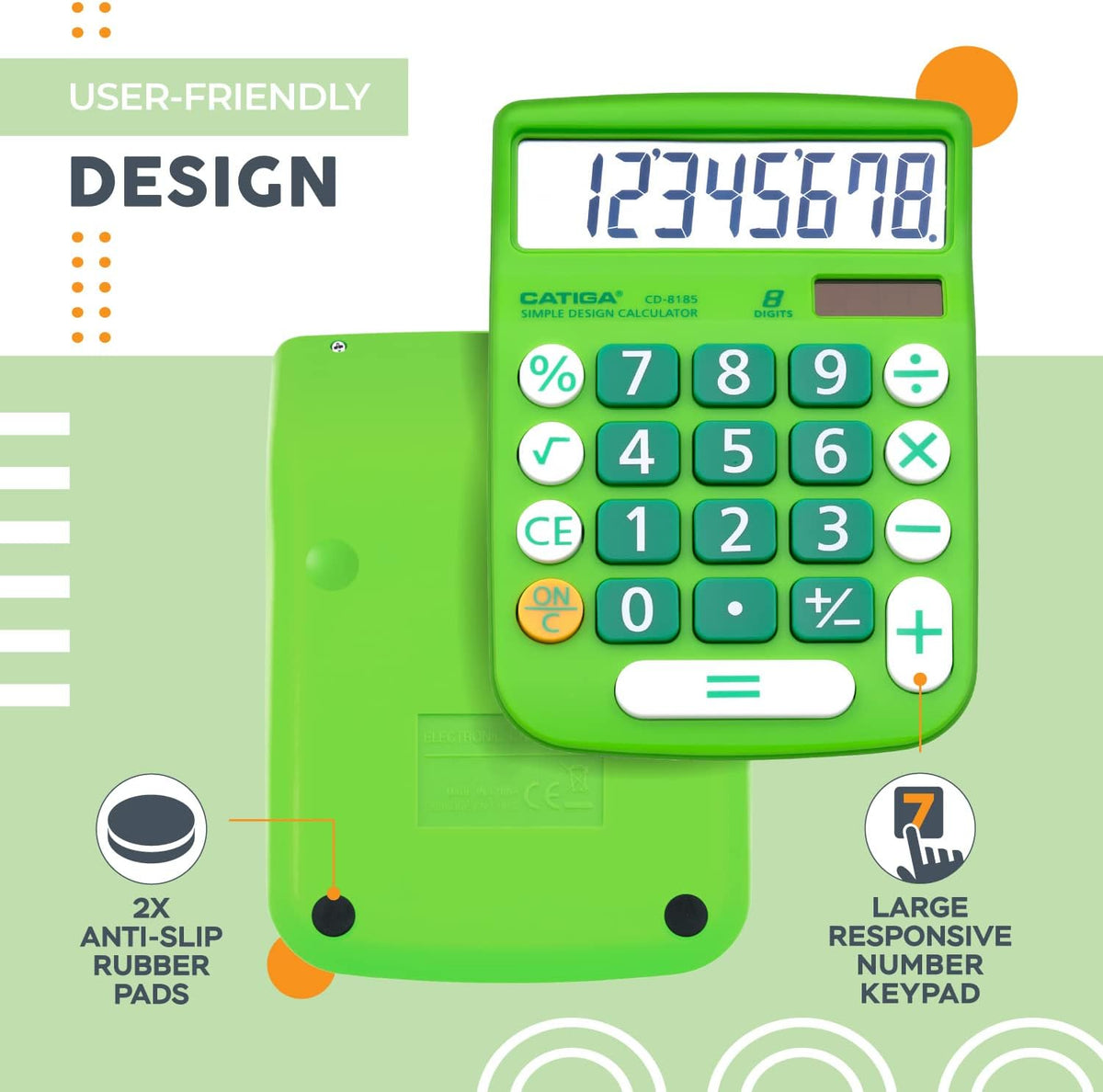 CATIGA Desktop Calculator 8 Digit with Solar Power and Easy to Read LCD Display, Big Buttons, for Home, Office, School, Class and Business, 4 Function Small Basic Calculators for Desk, CD-8185