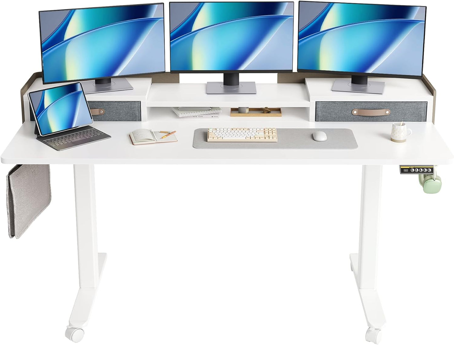 YDN Standing Desk with Drawers, 63 Inch Standing Desk Adjustable Height, Adjustable Electric Stand Up with Storage and Shelf, Natural