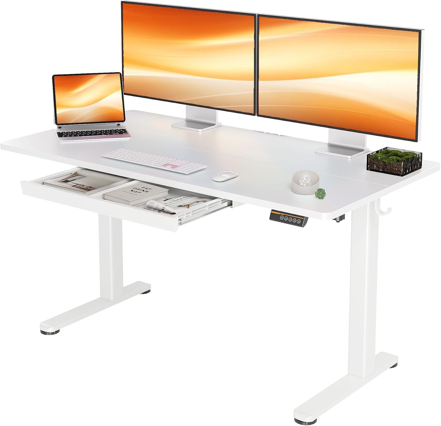 YDN Standing Desk with Drawers, 55 x 24 Inch White Standing Desks Electric Adjustable Height Desk for Computer Workstations, White