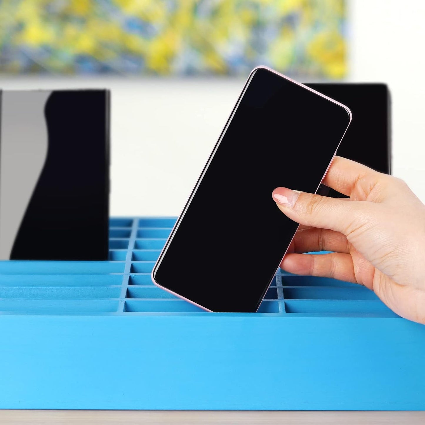 24-Grid Wooden Cell Phone Holder Desktop Organizer Storage Box for Classroom Office (Blue 24-Grid)