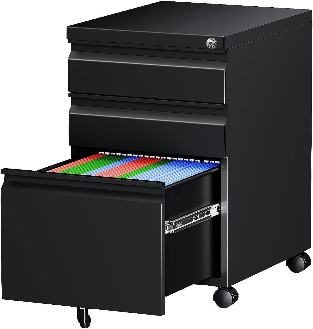 Letaya 3 Drawer Mobile File Cabinet with Lock, Under Desk Metal Rolling Filing Cabinets for Home Office Organizer Letters/Legal/A4 (Black- Requires Installation) (Black)