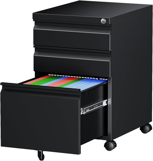 Letaya 3 Drawer Mobile File Cabinet with Lock, Under Desk Metal Rolling Filing Cabinets for Home Office Organizer Letters/Legal/A4 (Black- Requires Installation) (Black)