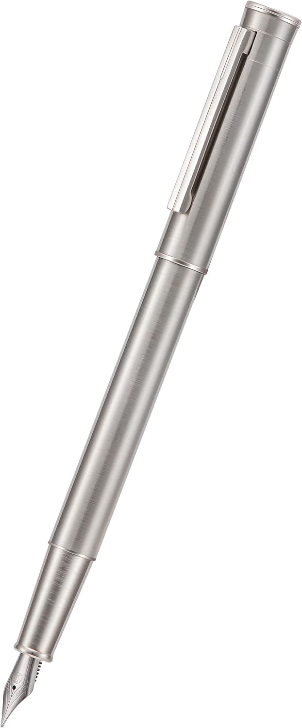 Hongdian 1861 Stainless Steel Fountain Pen Bent Nib, Classic Design Smooth Writing Pen with Converter and Metal Pen Case Set