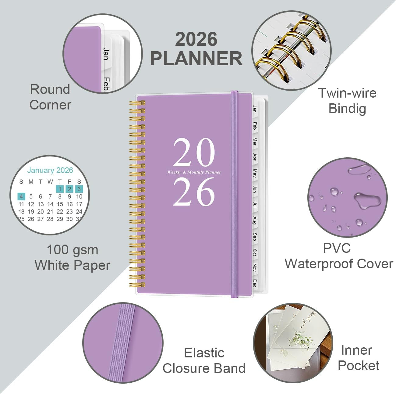 2026 Pocket Planner/Calendar - 2026 Planner from January 2026 - December 2026, Planner 2026 with 12 Tabs, Twin-Wire Binding, Inner Pocket, 3.75" x 6.75", Purple