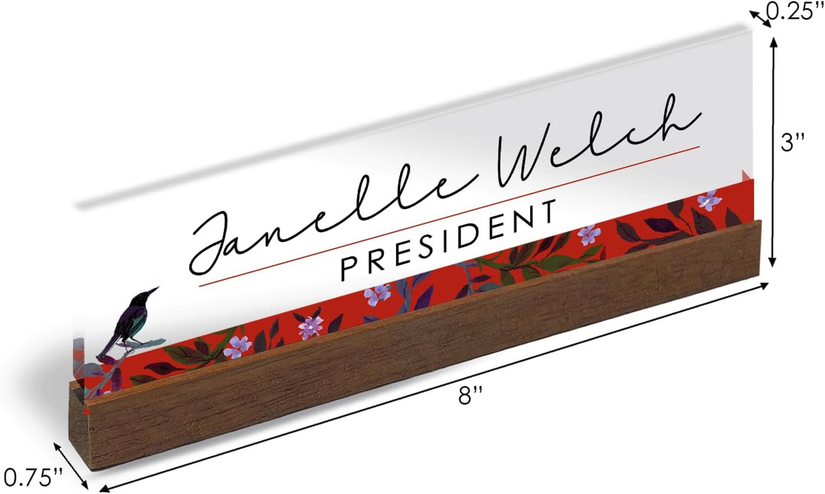 Artblox Personalized Office Desk Name Plate and Business Card Holder | Clear Acrylic Glass with Teak Wood Stand | Bird Singing Design Customized with Your Name and Credentials Office Desk Décor 8x2.5