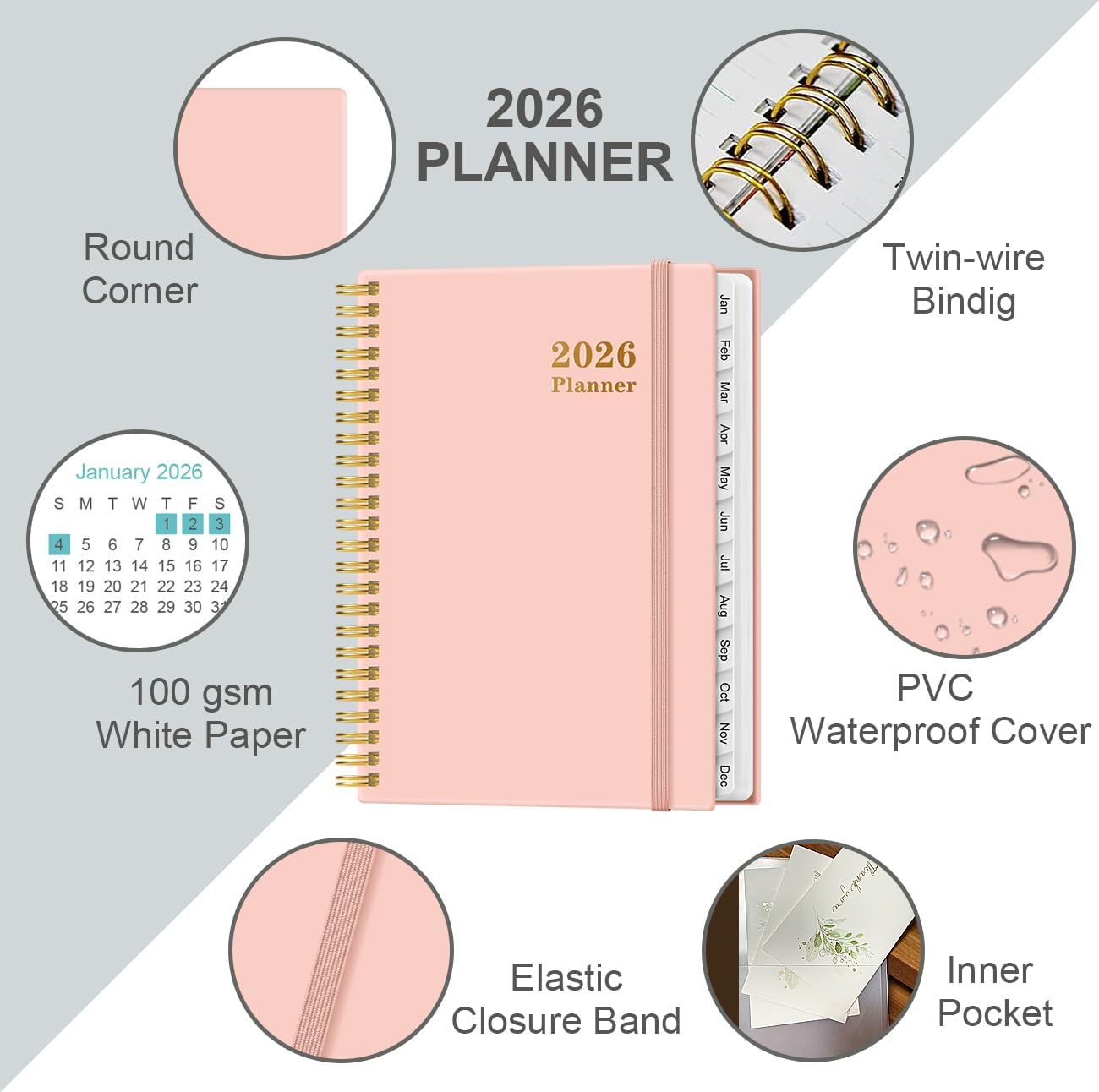 2026 Planner - Weekly and Monthly Calendar Planner from Jan 2026 - Dec 2026, Planner 2026 Spiral Bound with 12 Monthly Tabs, Inner Pocket, Perfect for School Office Supplies, 6.4" x 8.5", Pink