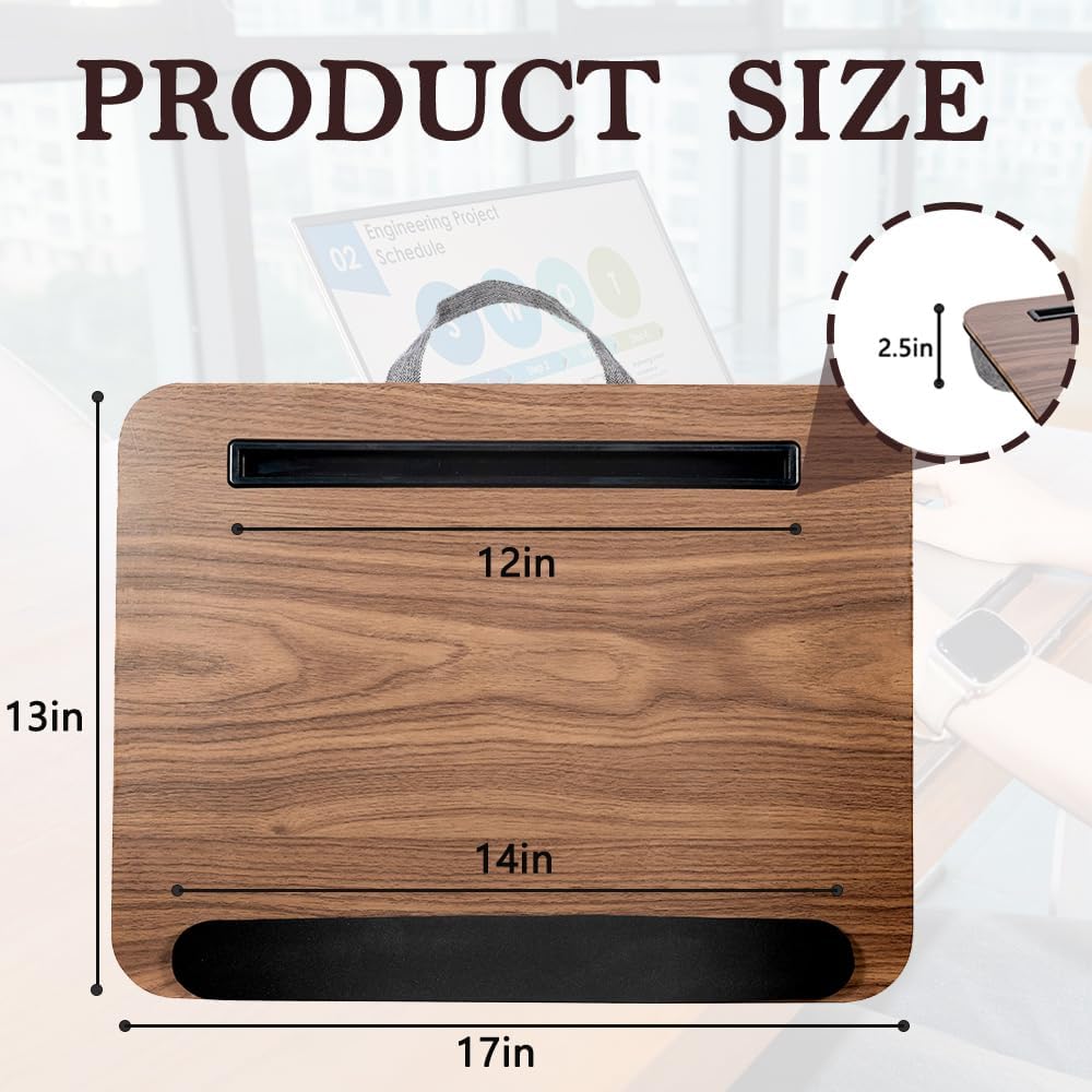 Portable Laptop Desk Fits Up to 16“ Laptops, with Tablet Slot, Built-in Cushion, Great for Home & Office,Lap Desk with Cushion (Brown with Wrist Rest, Medium)